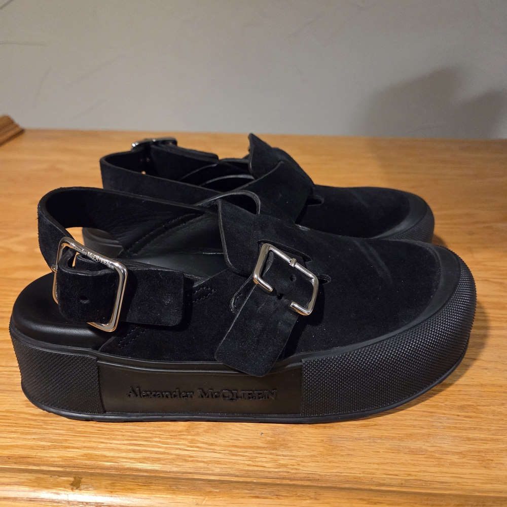 Alexander McQueen Black Suede Platform Sandals with Silver Buckles